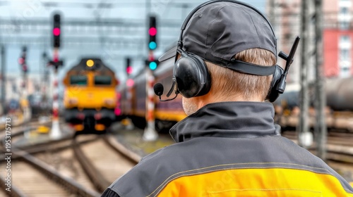 Railway Control Worker Overseeing Train Operations from Behind