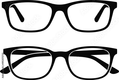 Black and white silhouette illustration of two eyeglasses with rectangular frames shown in different perspectives, highlighting optical design, fashion accessory, eyewear style, and pr
