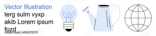 Sustainability, education, eco-awareness, growth, creativity, innovation. Minimalist vector of light bulb, watering can globe and placeholder text. Sustainability and eco-awareness concepts