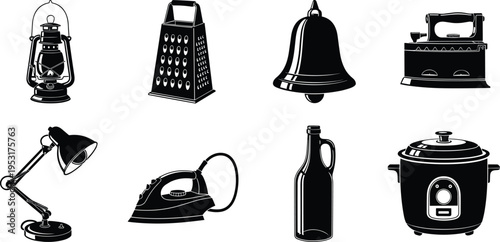 Black and white vector illustration of assorted household items including lantern, grater, bell, irons, lamp, bottle, and rice cooker, symbolizing domestic tools, appliances, traditio