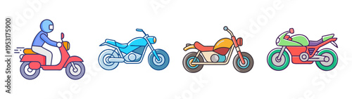 Explore different types of motorcycles and scooters vector illustration for transportation needs and design