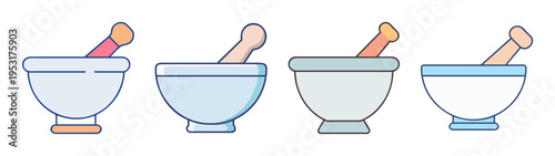 Mortar and pestle set vector illustration for pharmacy herbal medicine and cooking use