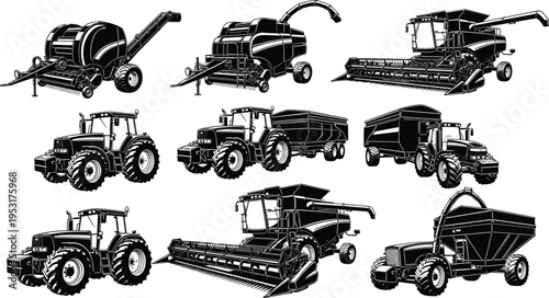 Black and white vector illustration showcasing diverse agricultural machinery including tractors, combine harvesters, forage harvesters, balers, and grain carts used in modern farmin