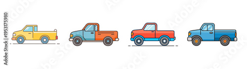 Colorful cartoon pickup trucks vector illustration set for transport and vehicle design projects