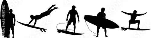 Surfing silhouettes set, surfer action poses collection, wave riding illustration, beach ocean lifestyle, water sport activity, summer adventure concept, dynamic design