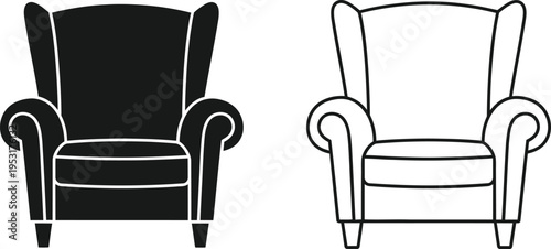 Armchair Icon Set Silhouette and Outline Design Vector