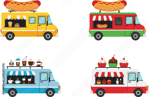 Food truck collection set, hotdog coffee cupcake street food vans mobile cafe cartoon vector illustration bundle