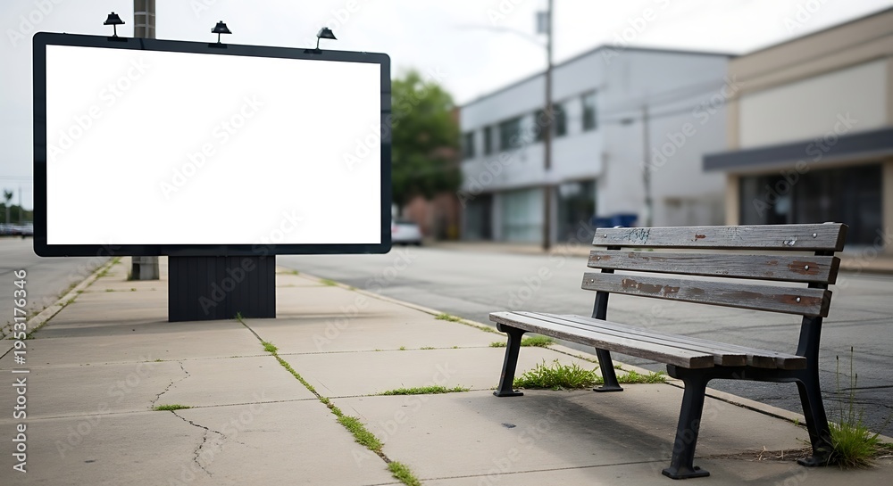 Obraz premium Empty Billboard and Bench on City Street Sidewalk