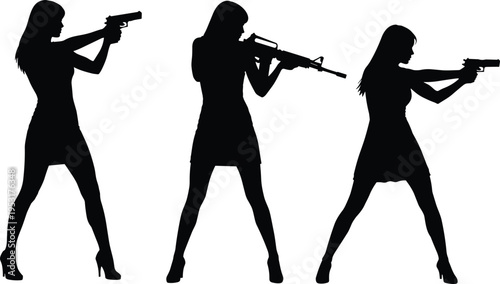 Female shooter silhouettes woman aiming pistol and rifle weapon black silhouette collection isolated background defense security concept