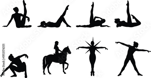 Female, dancer, silhouette, collection, yoga, stretching, ballet, poses, woman, movement, fitness, flexibility, performance, elegance, black, isolated, set, body, exercise, illustration