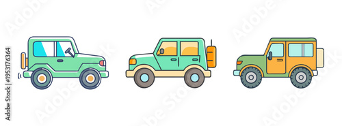 Cartoon off road vehicle vector illustration set for adventure travel and transportation design