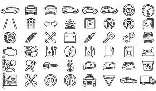 Modern Car Line Icons Set – Minimal Stroke Vehicle Symbols for UI, Mobile Apps and Web Design