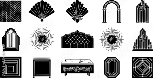 Art Deco Glamour Interior Bold Line Icons-Chevron Parquet Fan Motif Arch Sunburst Mirror Velvet Tufted Headboard Gold Trim Molding Marble Top Geometric Rug-15 Art Deco Interior Icon Set Vector - Glamo