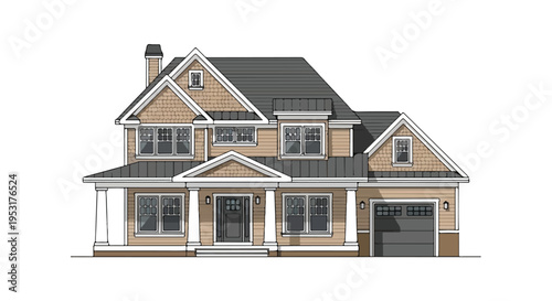 Detailed architectural rendering of a two-story house with a covered porch and attached garage against a white background.
