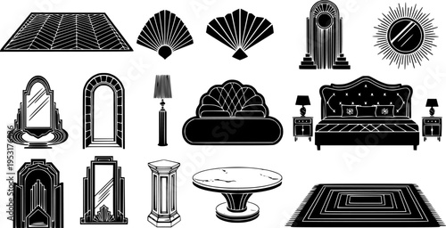 Art Deco Glamour Interior Bold Line Icons-Chevron Parquet Fan Motif Arch Sunburst Mirror Velvet Tufted Headboard Gold Trim Molding Marble Top Geometric Rug-15 Art Deco Interior Icon Set Vector - Glamo