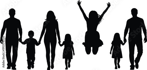 Happy family silhouette set, parents and children walking holding hands and jumping joyfully, parenting love lifestyle vector illustration