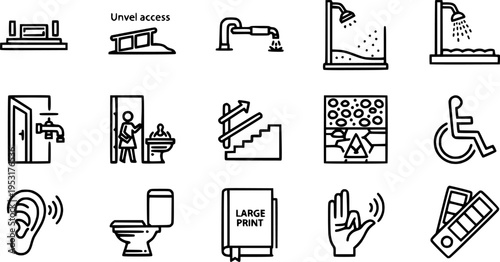 Home Accessibility Universal Design Bold Line Icons-Level Threshold Ramped Access Grab Rail Walk-In Shower Lever Tap Wider Doorway Height Adjustable Stairlift-15 Accessibility Icon Set Vector - Univer