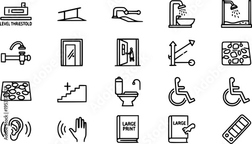Home Accessibility Universal Design Bold Line Icons-Level Threshold Ramped Access Grab Rail Walk-In Shower Lever Tap Wider Doorway Height Adjustable Stairlift-15 Accessibility Icon Set Vector - Univer
