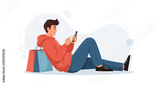Young man sitting on floor with shopping bags, using smartphone, casual lifestyle