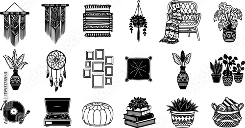 Bohemian Eclectic Interior Bold Line Icons-Macrame Wall Hanging Layered Rug Rattan Chair Patterned Throw Gallery Wall Velvet Cushion Plant Collection-15 Bohemian Interior Icon Set Vector - Eclectic