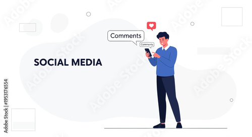 Man using smartphone for social media, with comments and likes icons