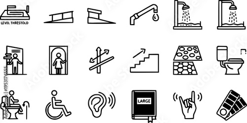 Home Accessibility Universal Design Bold Line Icons-Level Threshold Ramped Access Grab Rail Walk-In Shower Lever Tap Wider Doorway Height Adjustable Stairlift-15 Accessibility Icon Set Vector - Univer