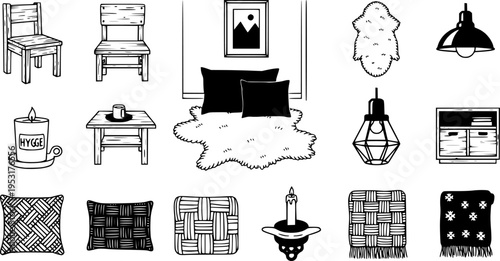 Scandinavian Nordic Interior Bold Line Icons-Light Wood Birch Furniture White Wall Sheepskin Rug Hygge Candle Woven Textile Pendant Lamp Black Iron Frame-15 Scandinavian Interior Icon Set Vector - Nor