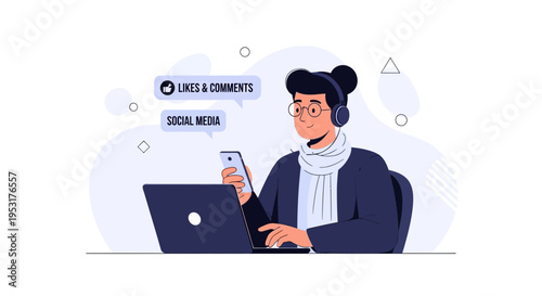 Person with headphones using laptop and phone, engaging with social media likes and comments.