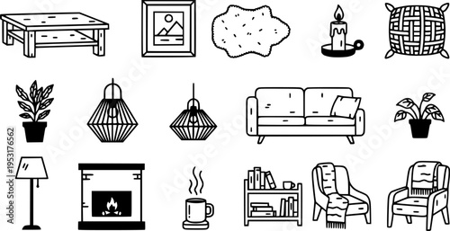 Scandinavian Nordic Interior Bold Line Icons-Light Wood Birch Furniture White Wall Sheepskin Rug Hygge Candle Woven Textile Pendant Lamp Black Iron Frame-15 Scandinavian Interior Icon Set Vector - Nor