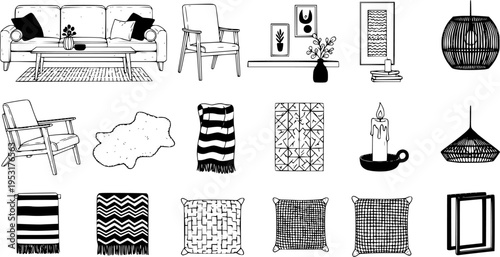 Scandinavian Nordic Interior Bold Line Icons-Light Wood Birch Furniture White Wall Sheepskin Rug Hygge Candle Woven Textile Pendant Lamp Black Iron Frame-15 Scandinavian Interior Icon Set Vector - Nor