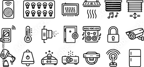 Smart Home Technology Integration Bold Line Icons-Smart Speaker Lighting Scene Control Underfloor Heating Motorized Blind Whole-Home Audio Smart Lock CCTV-15 Smart Home Icon Set Vector - Technology In