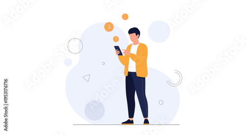 Man using mobile phone with coins falling, online payment, financial success concept