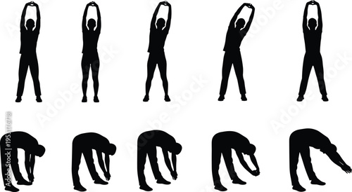 Human stretching exercise silhouettes set, people warming up body poses, fitness stretching movements isolated black figure workout illustration
