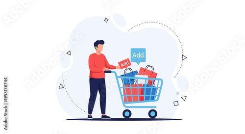 Man Adding Items to Shopping Cart, Online Shopping Concept