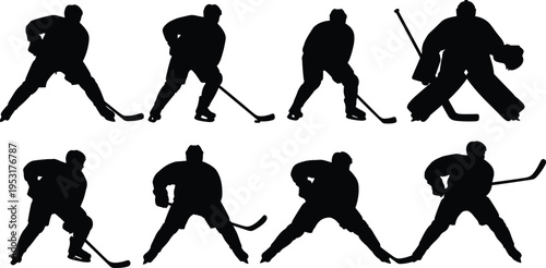ice hockey player silhouettes set, professional athletes action poses, hockey sport collection, skating shooting defense goalie, isolated black silhouettes illustration