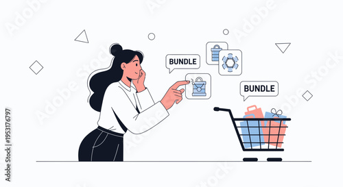Woman choosing product bundles online, shopping cart with gifts, e-commerce concept