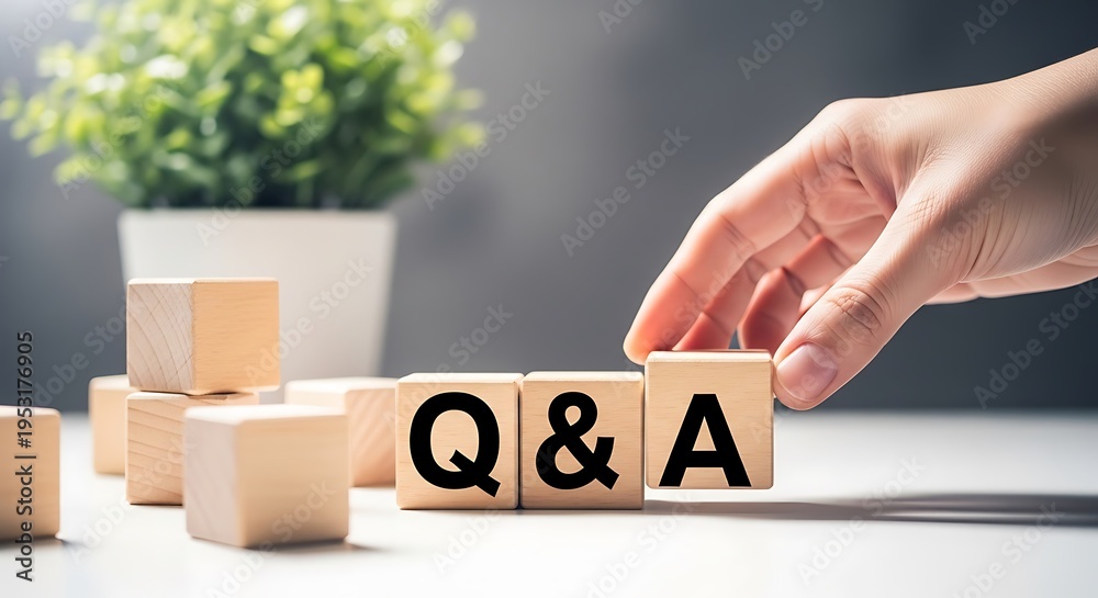 Naklejka premium Person's hand arranging wooden blocks with q&a text, representing questions and answers, education, and information exchange, q and a