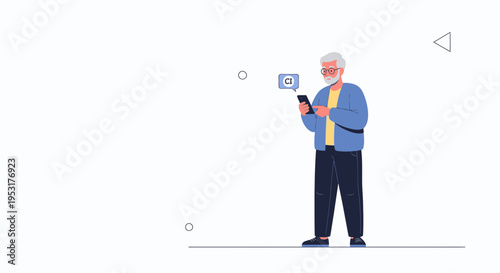 Elderly Man Using Smartphone, Receiving Notification