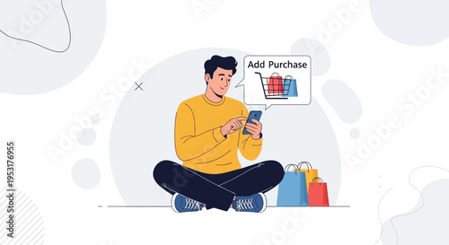 Man Shopping Online Using Smartphone, Adding Items to Cart, E-commerce Concept