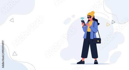 Young woman in casual outfit using smartphone with wifi signal, modern abstract background