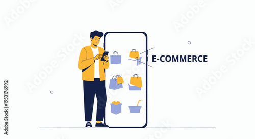 Man using smartphone for online shopping, e-commerce concept, digital marketplace