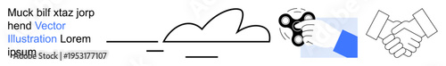 Business collaboration, communication, cloud computing, teamwork, innovation, partnership. Minimalist cloud, hand with a spinner handshake symbols. Communication and collaboration as central
