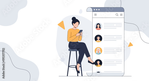 Woman using smartphone, browsing contacts on a digital screen, modern illustration