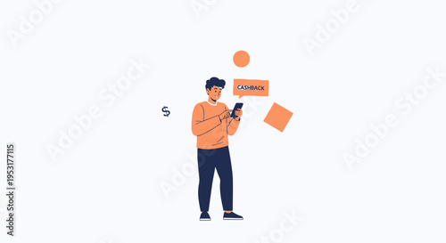 Man using smartphone for cashback and money transactions, online shopping concept