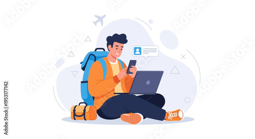 Young man with backpack using phone and laptop, planning travel, digital nomad lifestyle