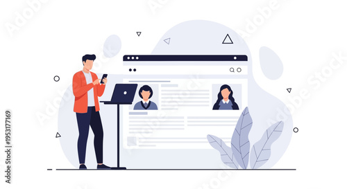 Man using smartphone near laptop with online profiles on screen, business concept