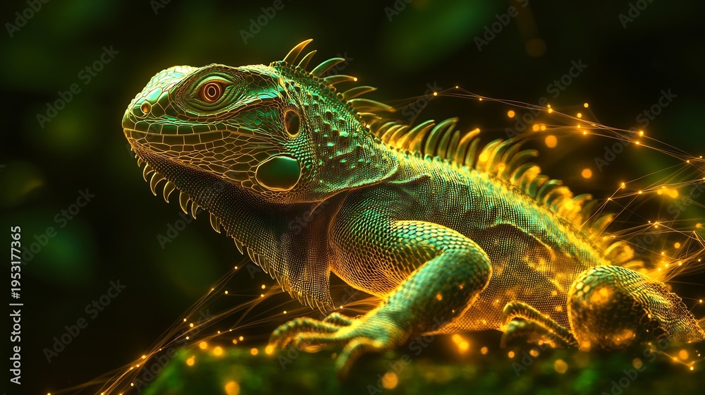 Obraz premium Luminous iguana with glowing network connections, digital art, vibrant green scales, and dramatic lighting