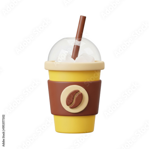 A 3d rendered yellow plastic coffee cup with a brown sleeve and a coffee bean icon for a drink png