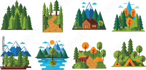 Forest Landscape and Nature Scenery Icon Set Vector Illustration with Pine Trees Mountain Cabin Lake Camping Tent and Outdoor Wilderness Scenes