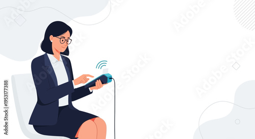 Businesswoman using payment terminal for contactless transaction, modern office setting